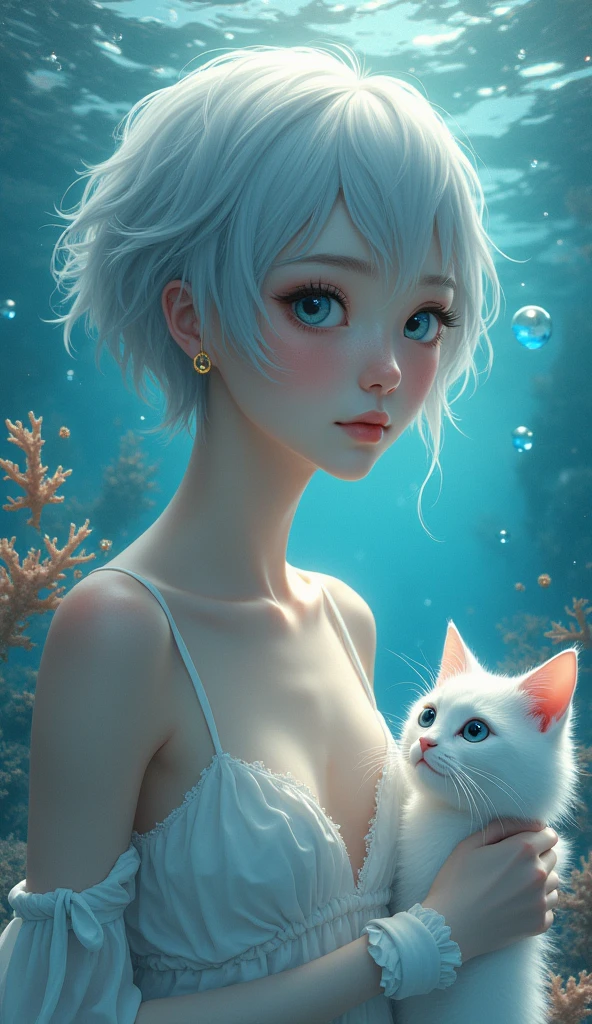 masterpiece, best quality, 8K resolution, very detailed, hairy,blue eyes, gray hair, Short hair, water elements, Underwater background, White cat, White skin, white stripes, White bracelet, corals,bubble, Gold earrings
