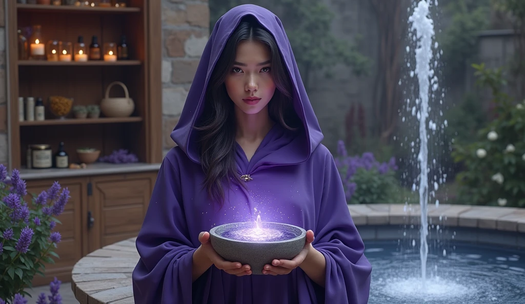 woman in violet priestess cape holding bowl of water, with water inside, convey depth, in the background a cupboard with various aromatic herbs, essential oils, Lavender, a large fountain with water behind it