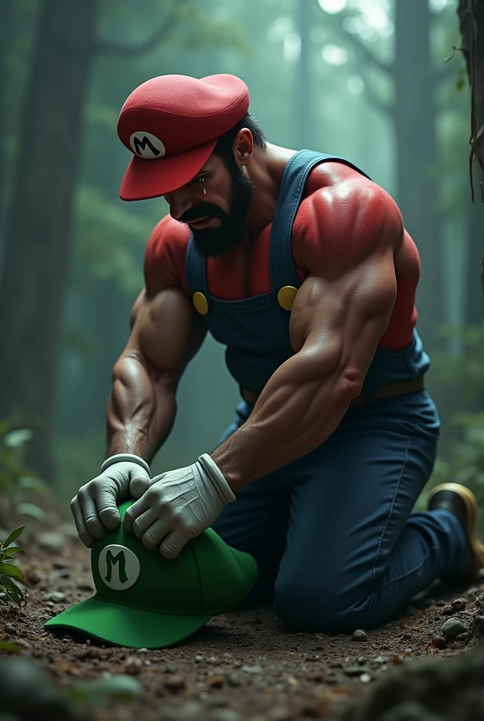 Mario Bros, hyper realistic, Live Actions, defeated, sad, crying, holding battered green Luigi cap, pain, on my knees suffering, muscled mario, fondo de Reino Champiñon oscuro y sad.