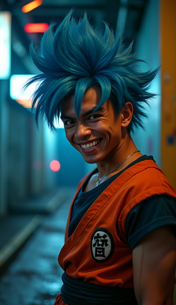 candid photo of an Unattractive Indonesian man, dress like son goku, blue spiky hair. fierce look,grin expression. nigh time, very dark in the background of abandoned blade runner alley. neon lights. 8k uhd, shadow, reflection