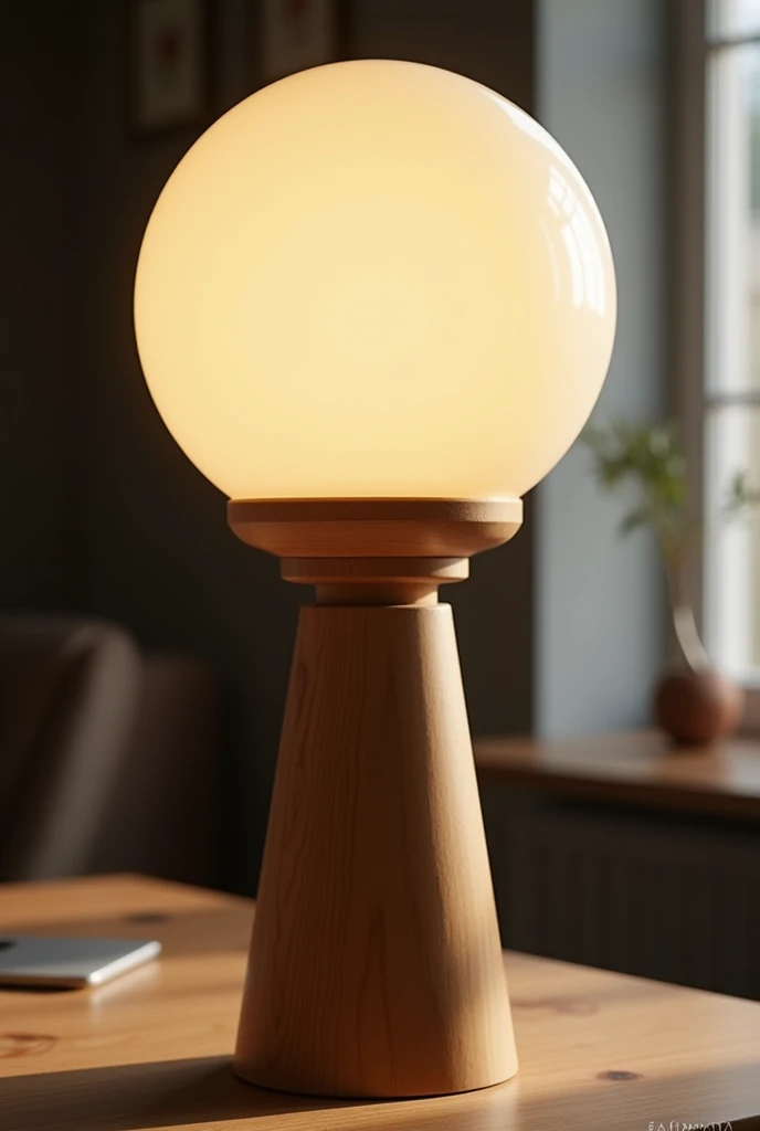 Lamp with a sphere shape, a wooden body and a tall, modern and lively appearance on a desk