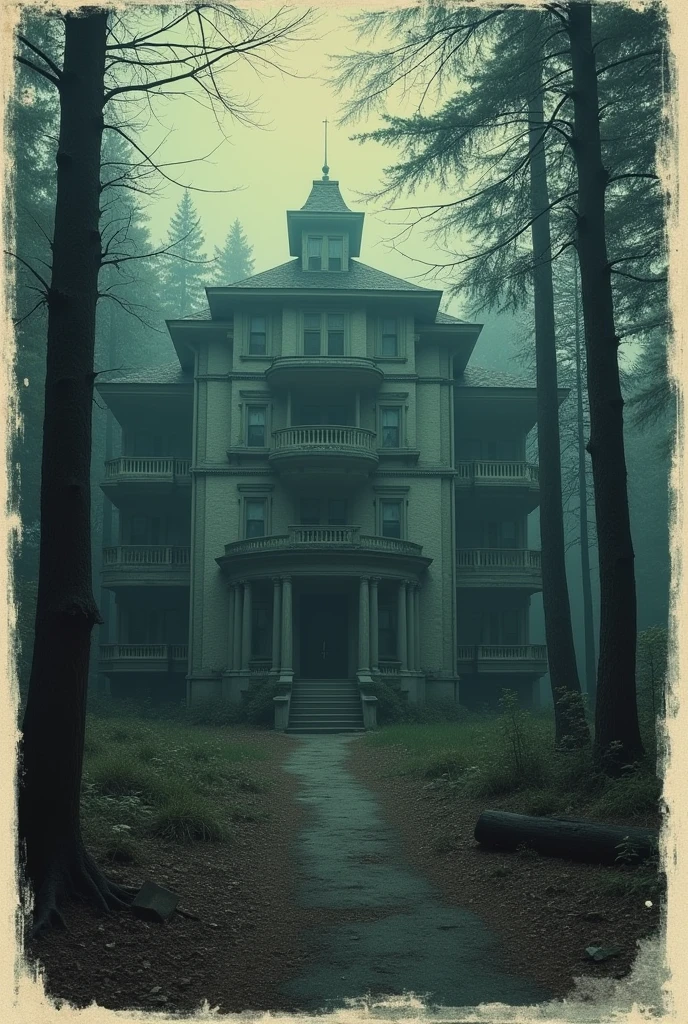  creepy  ,((dark)), abandoned sanatorium, scary, forest,polaroid effect