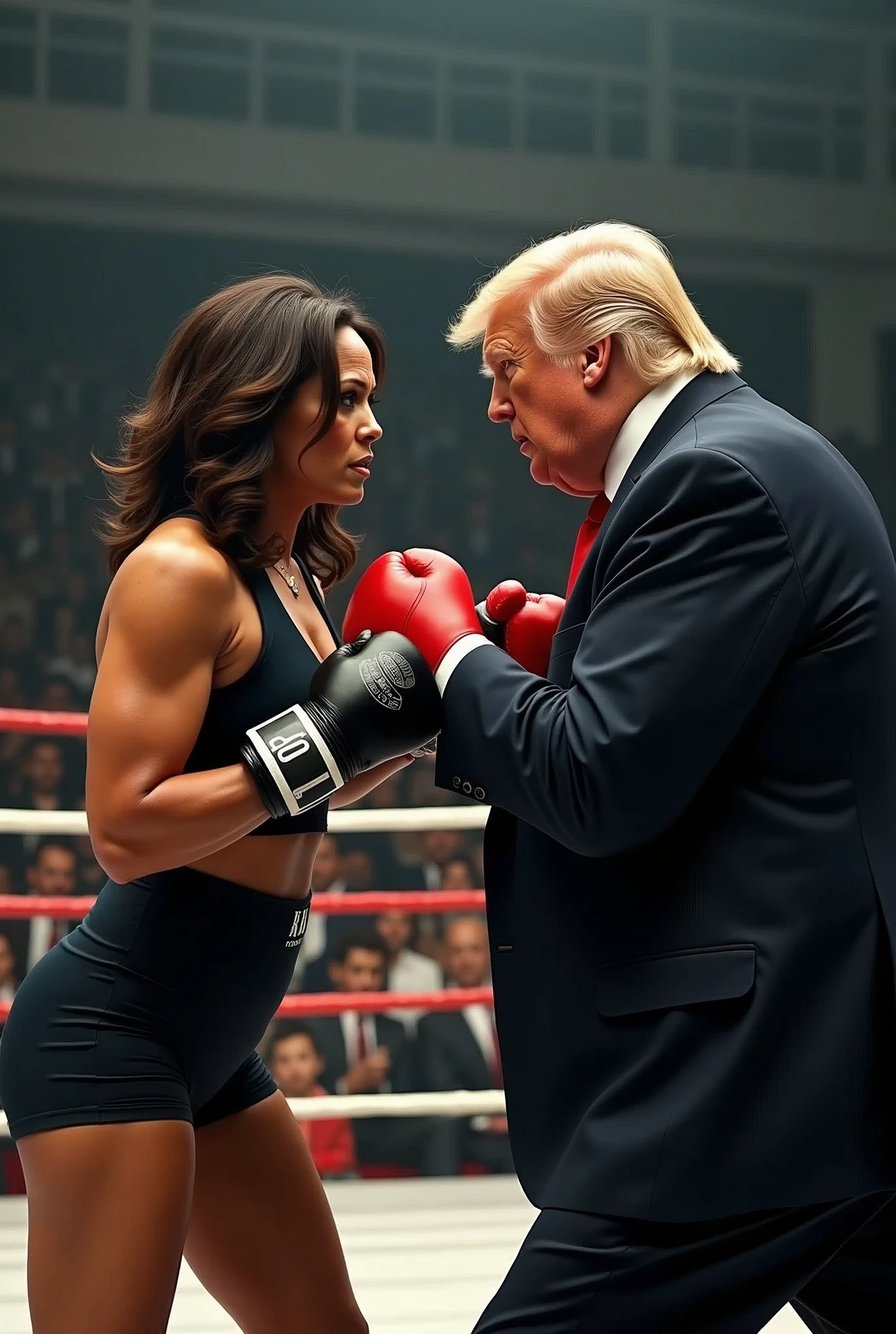 kamala harris fighting donald trump in a boxing ring. both are wearing boxing gloves