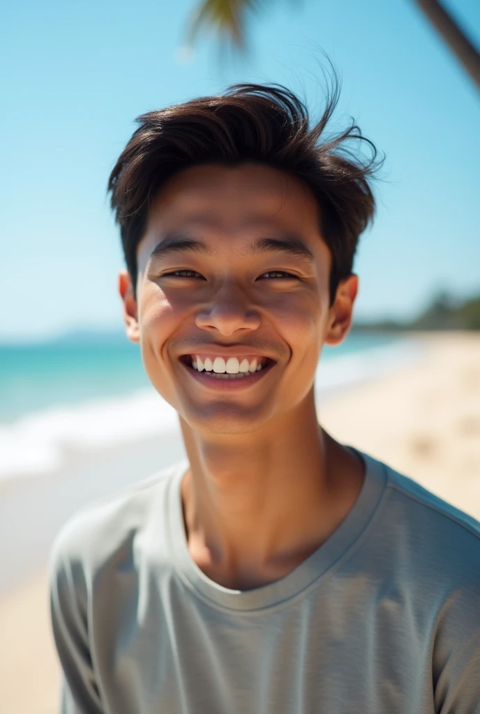 A Indonesian man) 20 years old) white) wearing a casual shirt) looking straight at the camera and smiling, the background is a beach scene, daytime) Close-up