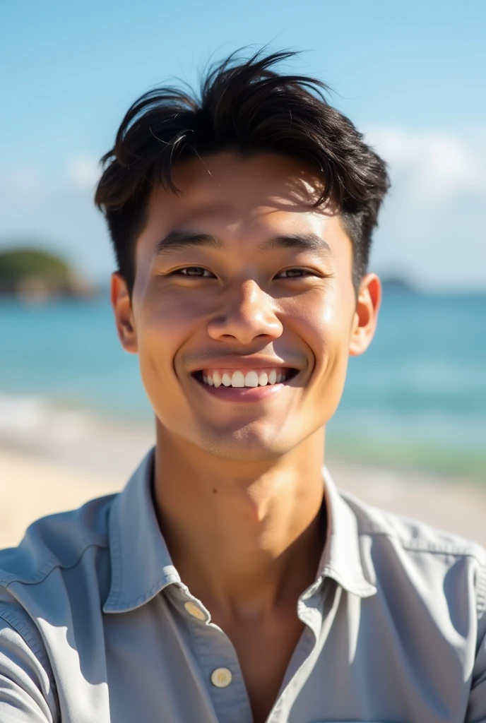 A Indonesian man) 20 years old) white) wearing a casual shirt) looking straight at the camera and smiling, the background is a beach scene, daytime) Close-up