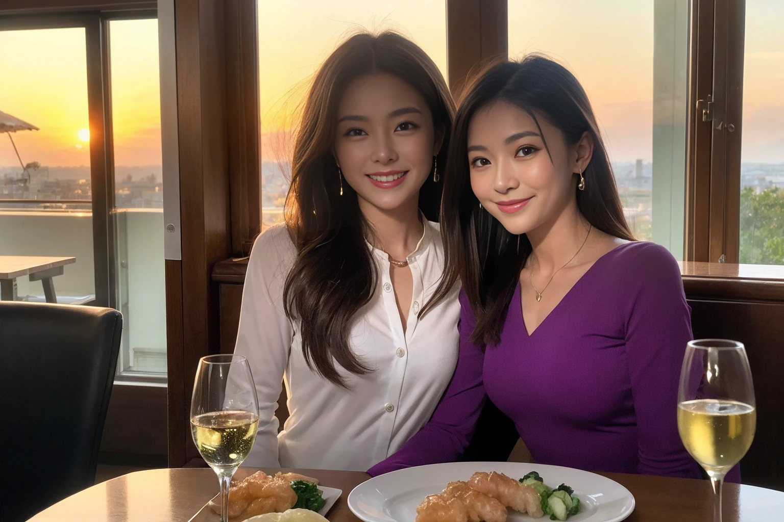 ((Highest quality、8k、masterpiece:1.3))、1 male、1 female,36 years old 39 years old、Slim Beauty、Beautiful couple、Upper Body、smile、 (Slim face), (The body is スリム), (Brown Hair), (Shortcuts), sashimi、Tempura、Japanese sake、Shochu 、Amazing view of the sunset sky and clouds、smileの美しさ、sparkling wine、Long sleeve shirt、dress、White wine, wine glass, Beautiful fine grain, Depth f/2,saturation, High Contrast, Strong light and shadow,Moist Body:1.5、 texture、The hair is very shiny、