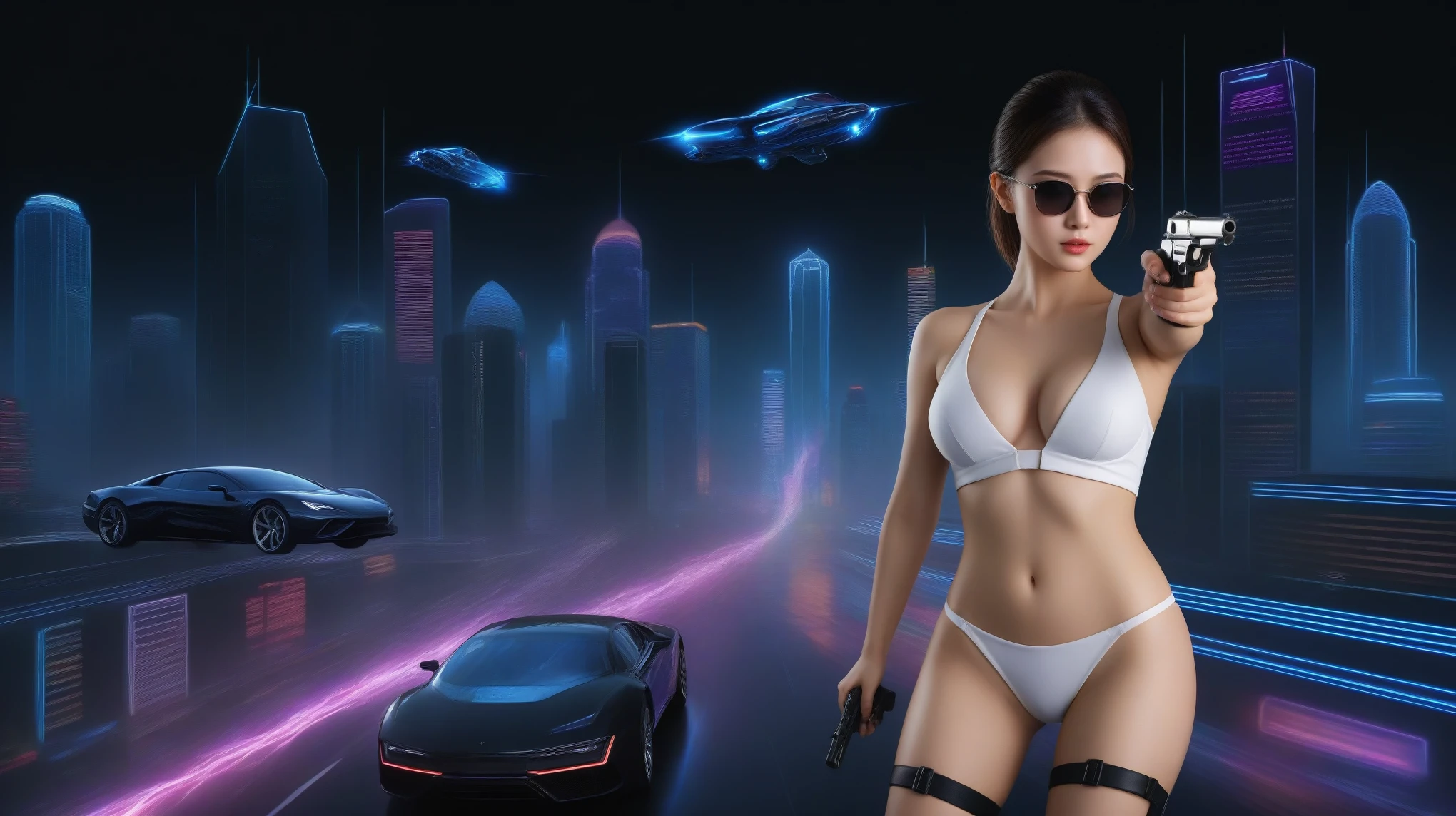 A sexy young slim woman wearing a black suit and dark glasses stood still, (holding a short gun), large-breast cleavage. The background is full of Sparkling, colorful electricity and colorful visual effects, flying cars. Realistic style and high definition Dynamic poses and stunning lighting.