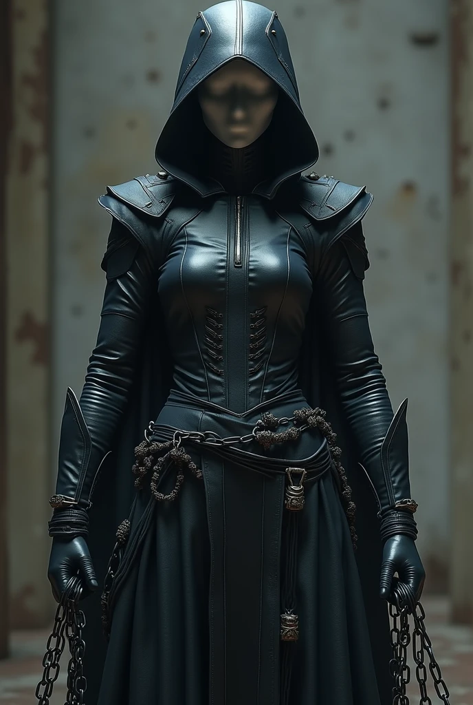 I create a woman with a grey porcelain mask , and a black leather armor that covers his entire body , and he has chains in his hand as a weapon