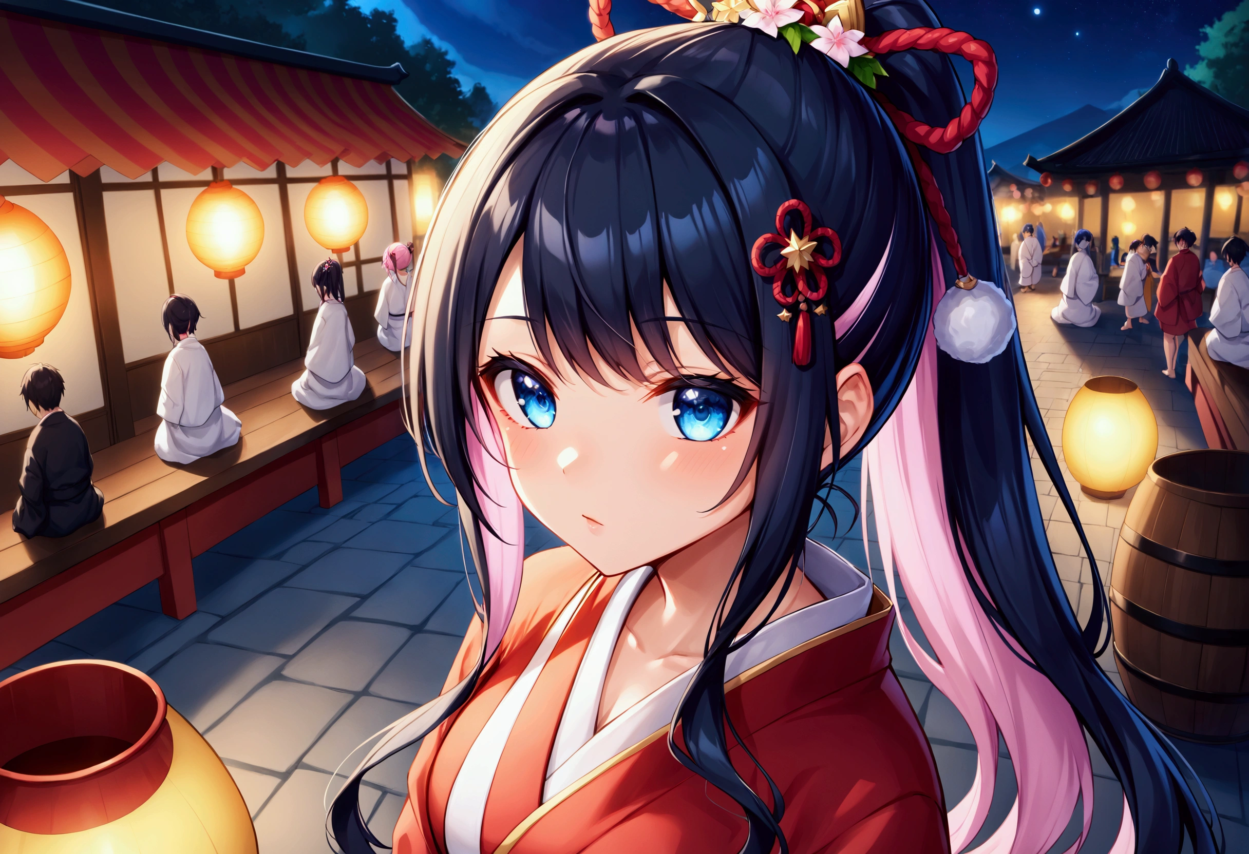 ponytail((Highest quality))、(masterpiece),(deep shadows)、,email, (１6 year old beautiful girl),(colored inner hair　black hair + pink inner hair),Flower-shaped hairpin,Big Barrel,eyes widen、(with star-shaped irises),BREAK　Blue eyes　BREAK aanazuna, ponytail, long hair, multicolored hair, undone clothing, off shoulder, kimono in focus with blurred background, in the Japanese festival, at dusk, from above, upper body, wide shot, wide-angle lens, warm lighting, moonlight, at night, at festival