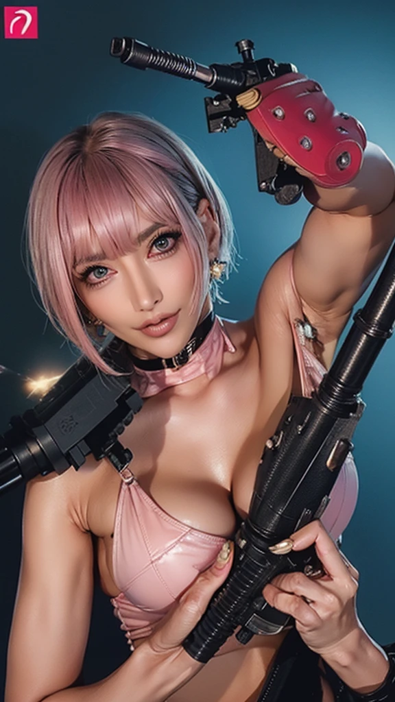 (Highest quality), Realistic, (live-action),(Short Hair,Sharp bangs)Showing off your crotch,Highest quality,Highest quality,8k images,Pink Hair,High heels,Small face,((Big Breasts))Leg spread、1 gun,(((Point the tip of your gun towards the camera:1.6))),Highest quality32K