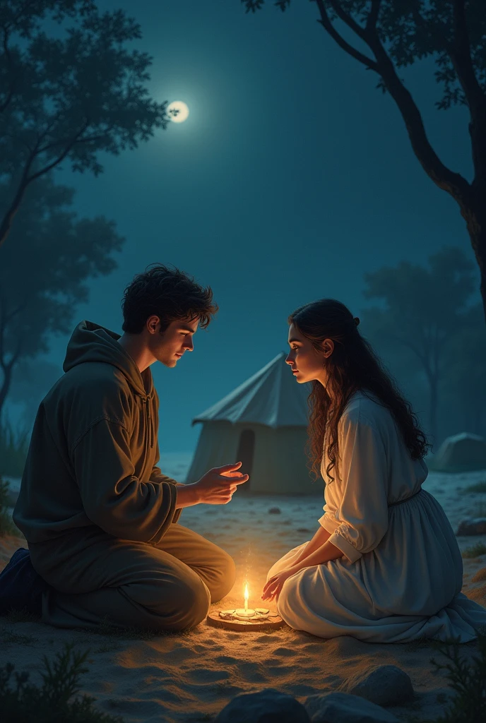 let it be at night, WHERE THERE IS A YOUNG MAN AND A LADY ON THEIR KNEES IN FRONT OF Jesus Eucharist next to or in the background there is a camping house , religious