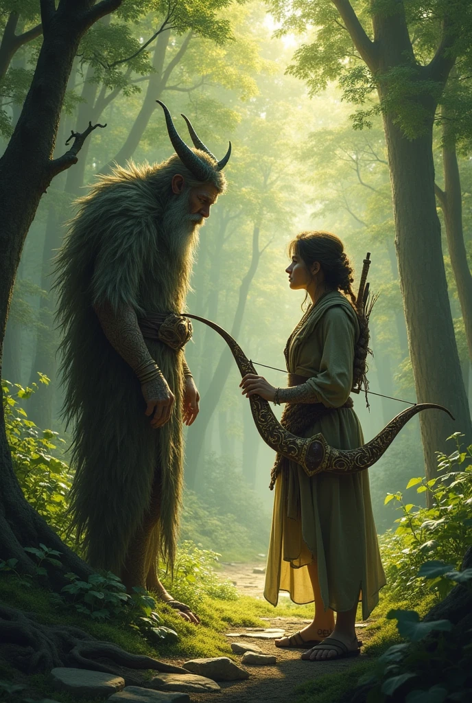 The forest deity gives the hunter a magical ancient bow 

