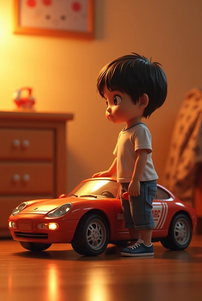 Japanese child next to the car, （"BUDDICA" It is written there）Cinema Lighting,、 Shine、orange accent、&quot;BC&quot; written on the car、minicar、Children&#39;s room