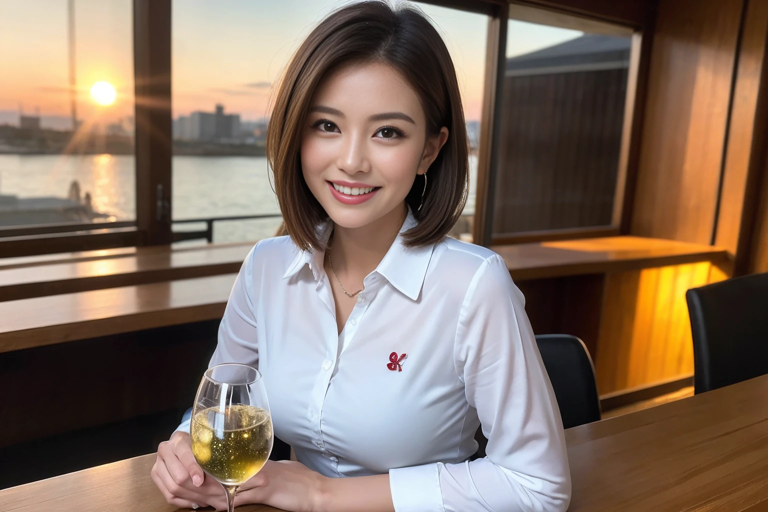 ((Highest quality、8k、masterpiece:1.3))、1 male、1 female,36 years old 39 years old、Slim Beauty、Beautiful couple、Upper Body、smile、 (Slim face), (The body is スリム), (Brown Hair), (Shortcuts), sashimi、Tempura、Japanese sake、Shochu 、Amazing view of the sunset sky and clouds、smileの美しさ、sparkling wine、Long sleeve shirt、dress、White wine, wine glass, Beautiful fine grain, Depth f/2,saturation, High Contrast, Strong light and shadow,Moist Body:1.5、 texture、The hair is very shiny、