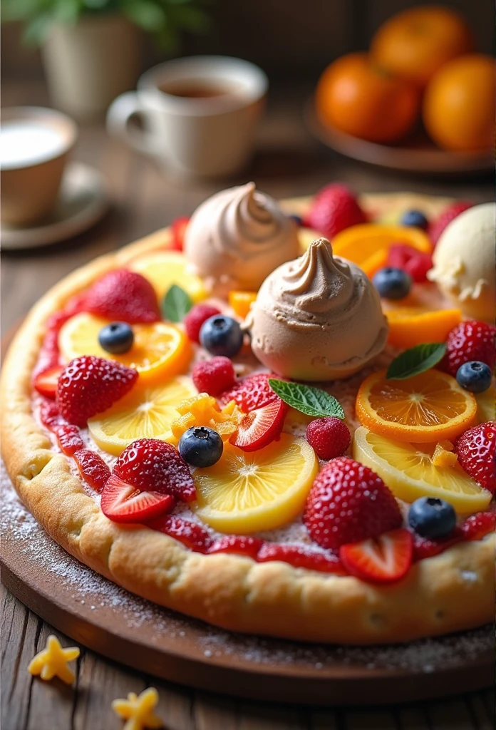 A large pizza made of various fruits and ice cream,Very tasty,The aroma is attractive