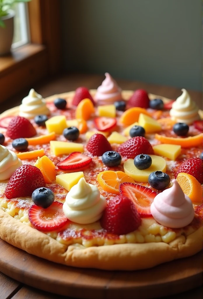 A large pizza made of various fruits and ice cream,Very tasty,The aroma is attractive