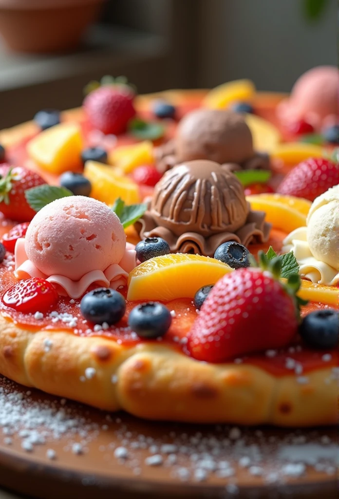 A large pizza made of various fruits and ice cream，Very tasty，The aroma is attractive