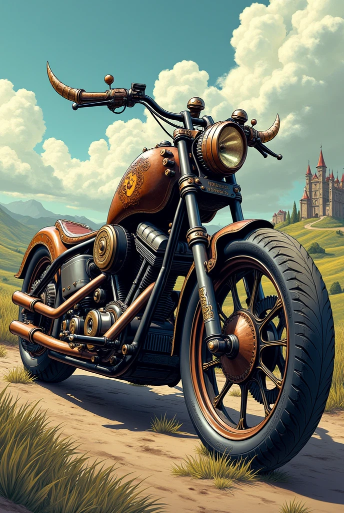 Make a Medieval Fantasy Vehicle That Looks Like a Chopper Motorcycle, but that mixes elements of this medieval fantasy with steampunk elements. Art must be in comic book style. The image must be the side of the motorcycle