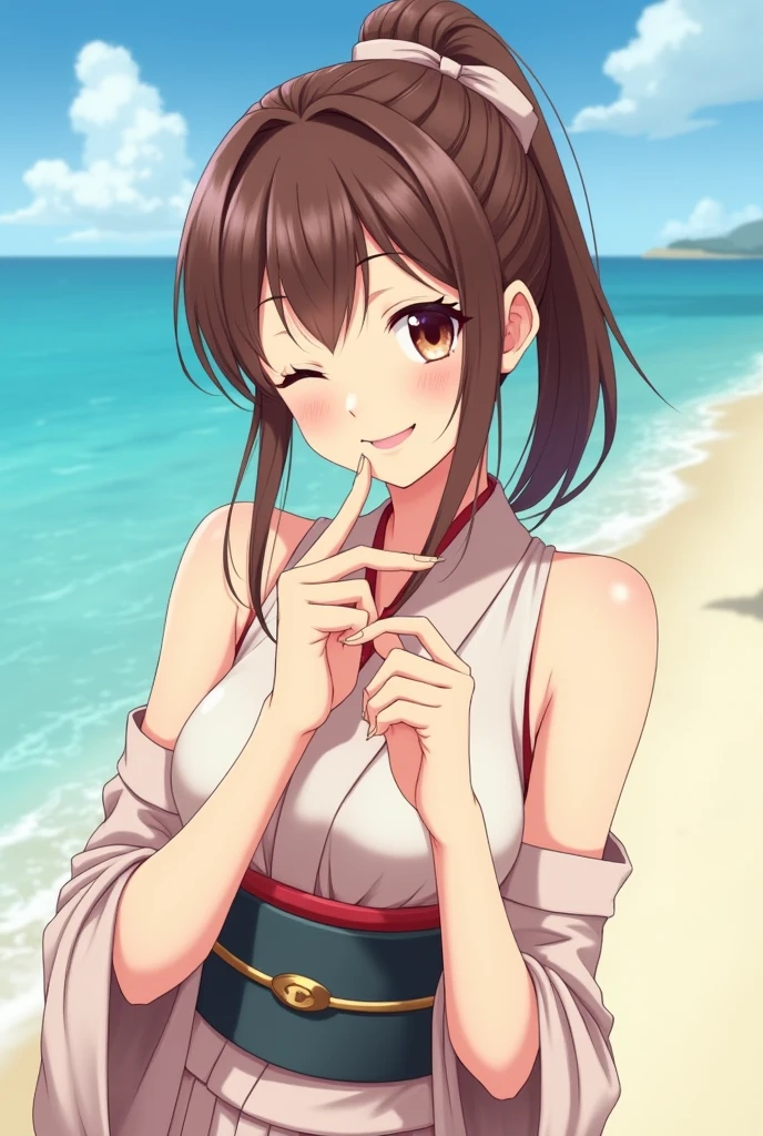 opn4m1k1m0n0, 2d, masterpiece, best quality, anime, upper body, smile, sleeveless kimono, obi, hair bow, ponytail, beach, head tilt, one eye closed, ;), finger to mouth cabelos castanhos