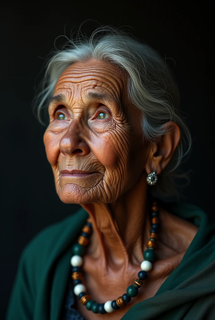 Older woman looking forward,Beaded accessories, dry and white skin, dark backgrounds, realist, and 8K