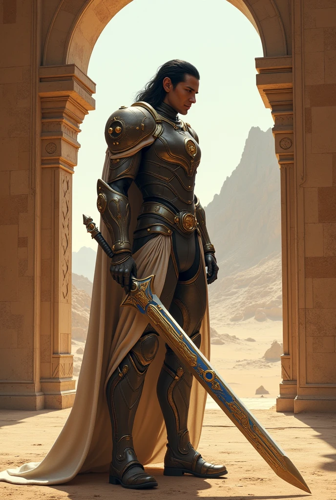 A tall, robust man with black hair, wearing futuristic armor and holding a sword with gold and blue details. The man is in a huge palace made of sandstone, and it can be seen that he is on a desert planet, but with huge mountains.
