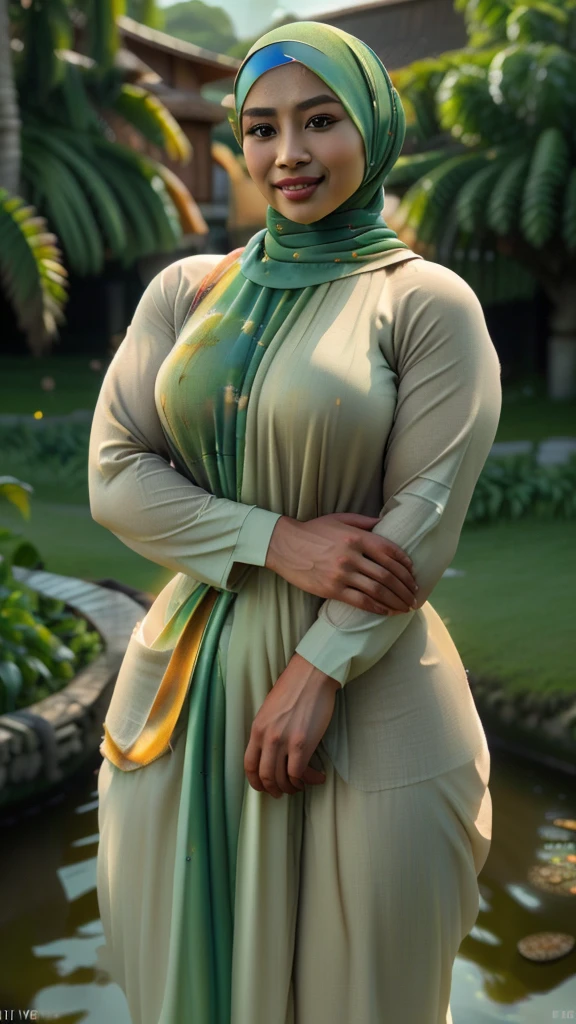 (best quality,4k,8k,highres,masterpiece:1.2),ultra-detailed,(realistic,photorealistic,photo-realistic:1.37),vivid colors,HDR,studio lighting,physically-based rendering
  
A beauty naked Malay woman with hijab on the village, (beautiful detailed eyes:1.1), (beautiful detailed lips:1.1), long eyelashes, (chubby cheeks:1.1), (curly silky hair:1.1), (olive skin:1.1), (delicate hands:1.1), (fair complexion:1.1), (traditional Malay clothing:1.1), (eye-catching hijab:1.1), (colorful pattern:1.1), (loose fitting outfit:1.1), (engaging smile:1.1), (subtle makeup:1.1), (pleasant facial expression:1.1), in a peaceful village environment. 

(extraordinary landscape:1.1), (lush green fields:1.1), (beautiful exotic flowers:1.1), tall palm trees, (sunset over the horizon:1.1), (tranquil river flowing:1.1), (traditional wooden house:1.1), (friendly villagers in the background:1.1), (glimpse of local culture:1.1), warm lighting illuminating the scene. 

The artwork should have a (painting-like medium:1.3), resembling (oil paintings:1.1) and (watercolor:1.1) techniques, giving it a (soft and dreamy atmosphere:1.1), (blending colors smoothly and delicately:1.1).

UHD detail is essential, highlighting (intricate patterns on the hijab:1.1), (precise brushstrokes on the skin:1.1), (soft textures of the vegetation:1.1), and (fine details of the surrounding environment:1.1).

Capture the (serene ambiance:1.1), where the woman embraces her natural beauty with confidence, representing the (cultural diversity:1.1) of the Malay community. The colors should be vibrant and harmonious, showcasing the richness of the woman's heritage. The lighting should enhance the enchanting atmosphere of the village.

Let the artwork reflect the deep appreciation of the beauty of diversity.