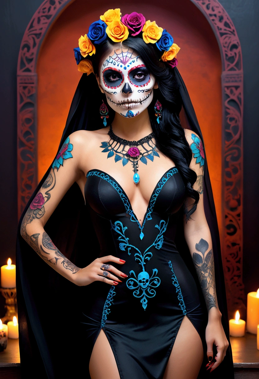 Create an image of the most stunningly gorgeous beautiful perfect sexy Chica Sugar Skull, dios de morta tattoos, Stunningly gorgeous perfect face, beautiful necromancer, bright colors, beautiful necromancer girl, mistress of death, scary dios de morta of death, beautiful girl necromancer, dios de morta maiden, beautiful elegant, full body view, fully naked, perfect nipples, no body hair, complete fullbody in view, wearing a dios de morta dress, showing clevage, high heels,