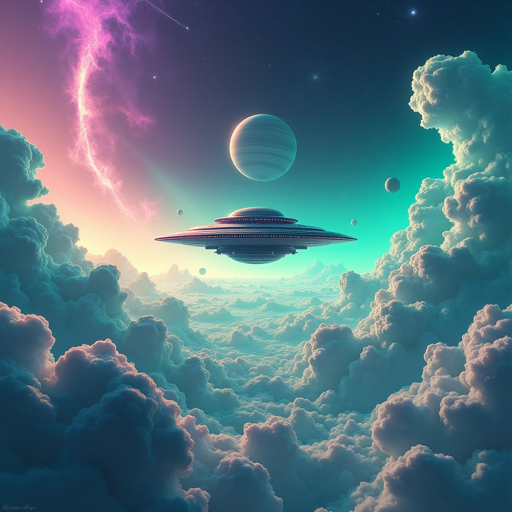 Outer space, neon colors green and violet, UFO , meteors and planets
