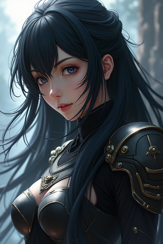 (masterpiece:1.2, best quality,high resolution,Very detailed),8K,wallpaper,(Very detailed),(Armored Core Style),Woman in ninja armor,Long hair,Black Hair,Looking at the earth in my hand