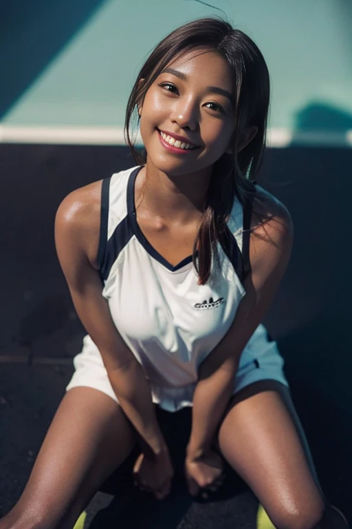 (8K、Raw photography、top-quality、masterpiece:1.2)、(realisitic、Photorealsitic:1.37)、ultra-detailliert、超A high resolution、1人、beautifull detailed face、A smile、Constriction、(Slim waist) :1.3)、Beautiful detailed skin、Skin Texture、Floating hair、Professional Lighting、Whole human body、Longhaire、a blond、Volleyball uniforms、Tank Tops、hi-school girl、Ba Volleyball Match Venue、Bob Hair、Happy smile、15yo student、((( dark skin:1.7 )))、((( spread legs sitting )))、((( looking up from above )))、((( incoming kiss )))