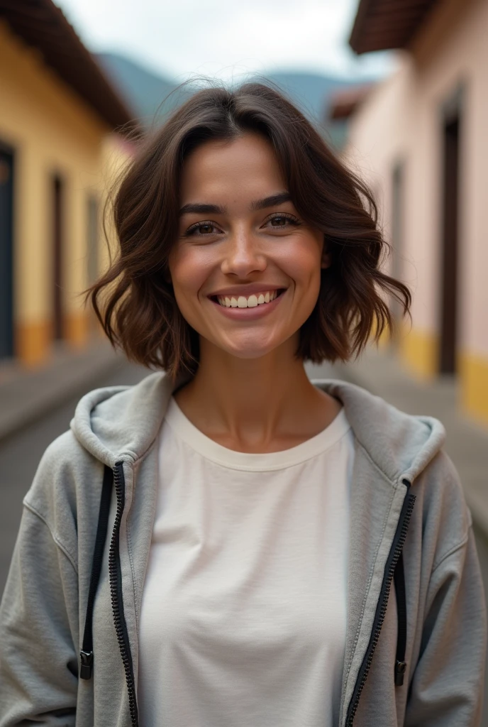 Beautiful latina with light brown eyes, 35 years old, female wearing a crew neck t-shirt, closed hoodie, full body view, in colombia, on a colonial street, almond shaped eyes, oval face shape, M size body, short naturally wavy hair, high resolution, masterpiece, best quality, intricate details, highly detailed, sharpness, detailed skin texture, eye details, profession, 4k resolution, charming smile, shot with cone, depth of field, kodak vision color, 100 kilos, extremely detailed, ultra realistic photography, realistic photo, post processing, maximum detail, true to life, instagram model.