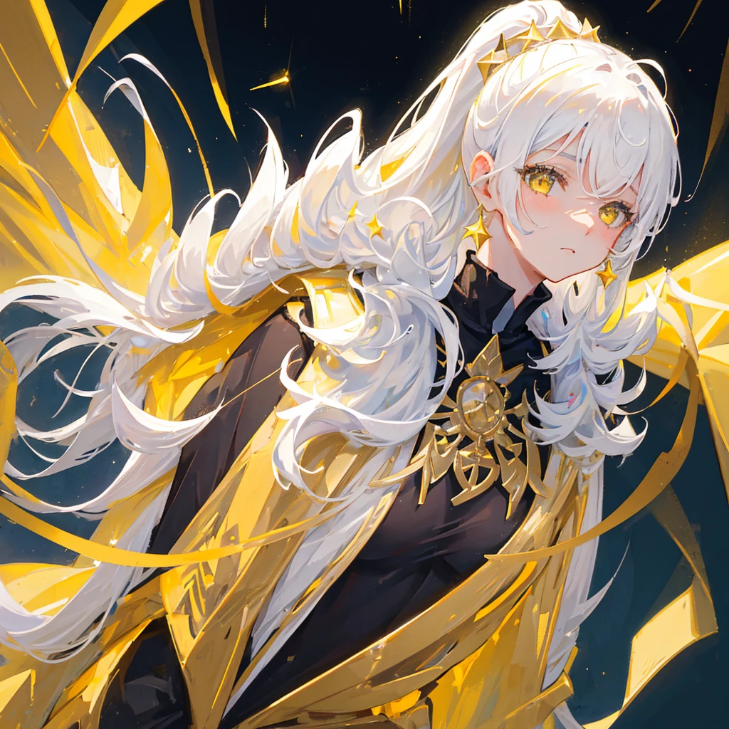 A girl with a white high ponytail，Hopeful expression，White hair，Gorgeous clothes，Black gold tone，Stars are shining around the body，Gold decorations，((Pure yellow background))