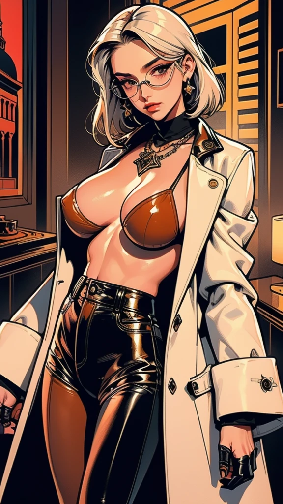 (masterpiece), best quality, expressive eyes, perfect face(masterpiece), best quality, expressive eyes, perfect face, a woman, 25 age, 80s style, short white hair, bronze skin, large breasts, black long leather coat, amber eyes, dark lens aviator glasses, shirtless, leggins, harnes, black gloves, black headband, chest tattoo