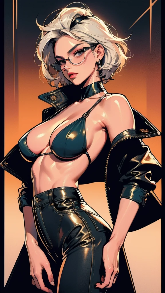 (masterpiece), best quality, expressive eyes, perfect face(masterpiece), best quality, expressive eyes, perfect face, a woman, 25 age, 80s style, short white hair, bronze skin, large breasts, black long leather coat, amber eyes, dark lens aviator glasses, shirtless, leggins, harnes, black gloves, black headband, chest tattoo