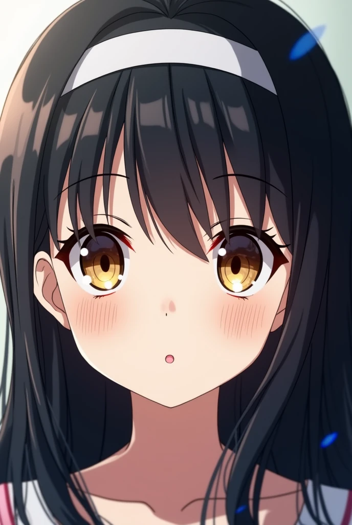 Screenshot Boku No Hero Academy 15 year old girl with PALE skin and long black hair with bangs, Brown eyes with big eyelashes with a white headband in her hair and a mole next to her lower lip