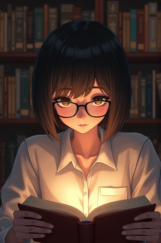 A girl with a short hair, menaning eyes and a glasses on, reading a book