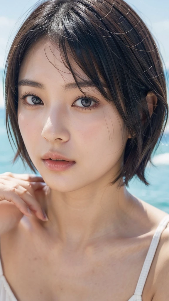 Model actress、One Woman、cool、Japanese and half European、Close-up of face、30 generation beauty、Realistic Skin、Seaside、short hair