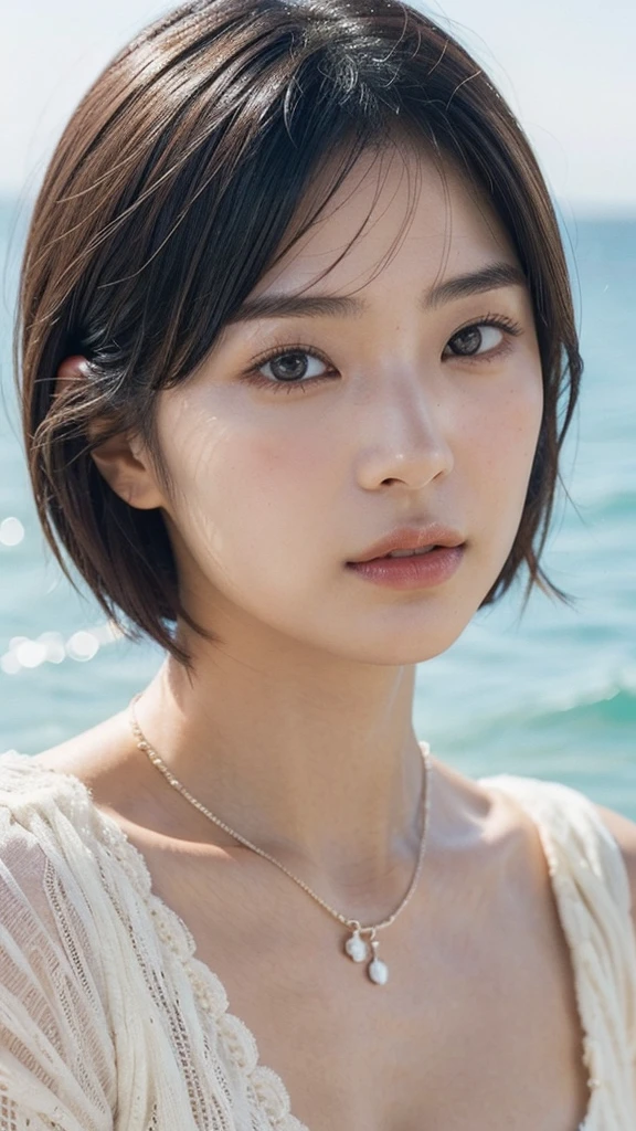 Model actress、One Woman、cool、Japanese and half European、Close-up of face、30 generation beauty、Realistic Skin、Seaside、short hair