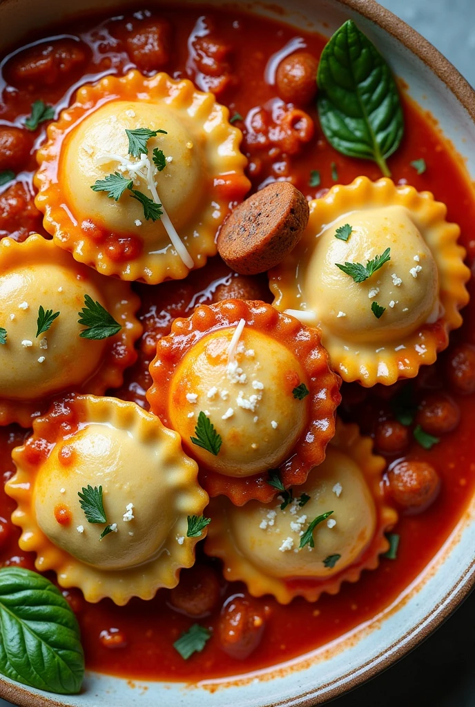 A recipe, a cheese stuffed ravioli in sausage ragu sauce Make a picture of the top
