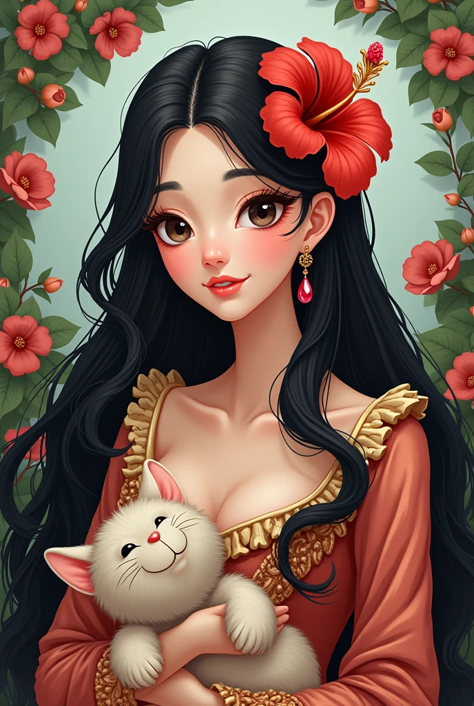 A square-shaped image，A little more cartoonish ，There is one inside，Centered in the image，Fair skin，Black long hair，There is a hibiscus flower on the head，There is a ruby earring on the right ear.，Wearing fancy clothes，Looks noble，Holding a furry doll，A little more background
