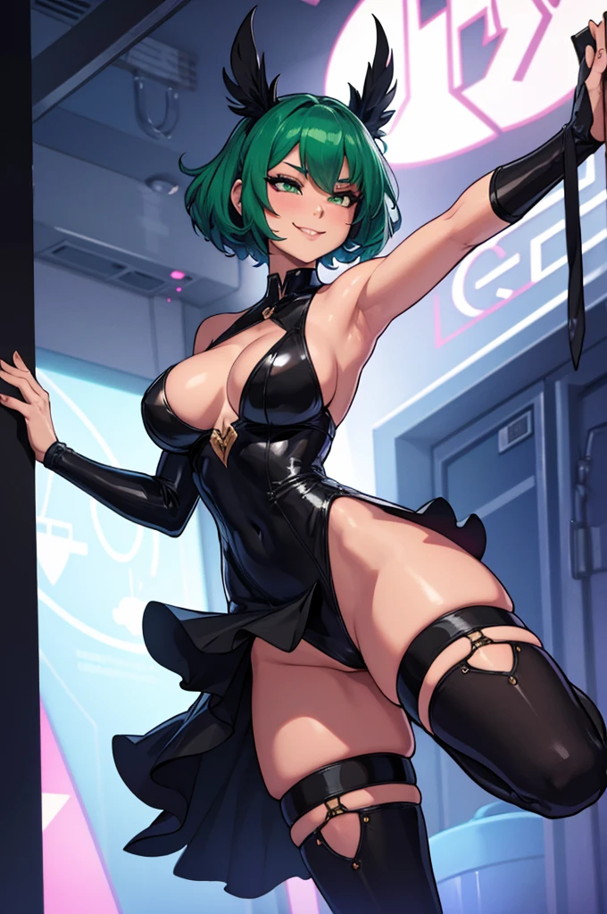 shot from down, can see black heels, attractive and alluring female erotic dancer is guiding me towards a room, confident, smiling, teasing with her tongue, sensual pose, shoulder-length green hair, wearing dark dress and dark tights that reach halfway up her thighs, night club, slim, fit, sexy thighs, aesthetic body, perfect skin, black heels on foot