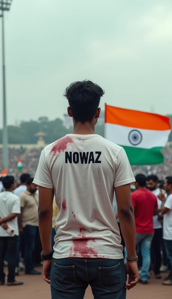 A young man in his early 20s, wearing a white T-shirt with the name ‘NOWAZ’ written on the back, is standing solemnly in front of the Indian national flag. The T-shirt is stained with red blotches resembling blood, symbolizing his protest against the ongoing violence and rapes of women in the country. He stands with a determined posture, holding a sign that asks, ‘Why are our mothers and sisters not safe in India?’ The scene is set in a large public space, possibly a square or stadium, with the Indian flag prominently displayed, fluttering in the breeze. The background shows a crowd of people, some holding banners and placards, all with somber expressions, reflecting the seriousness of the issue. The sky is overcast, adding to the gravity of the scene, as the atmosphere is heavy with the message of protest and the demand for safety and justice for women in India.