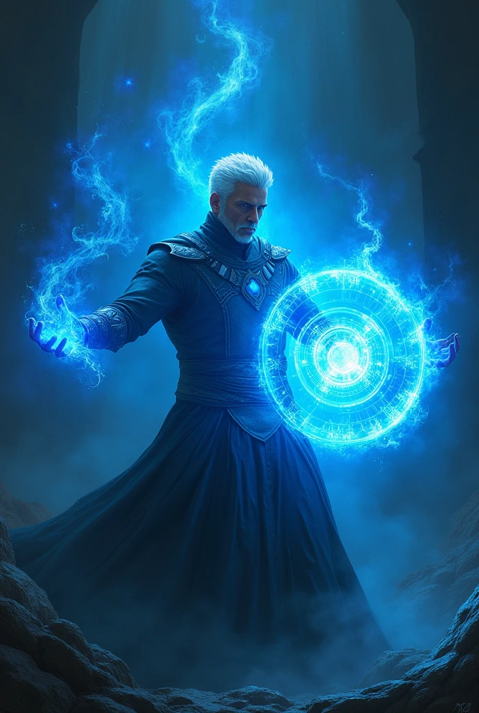 Create an image of a dark-skinned, white-haired man using blue energy to generate a shield