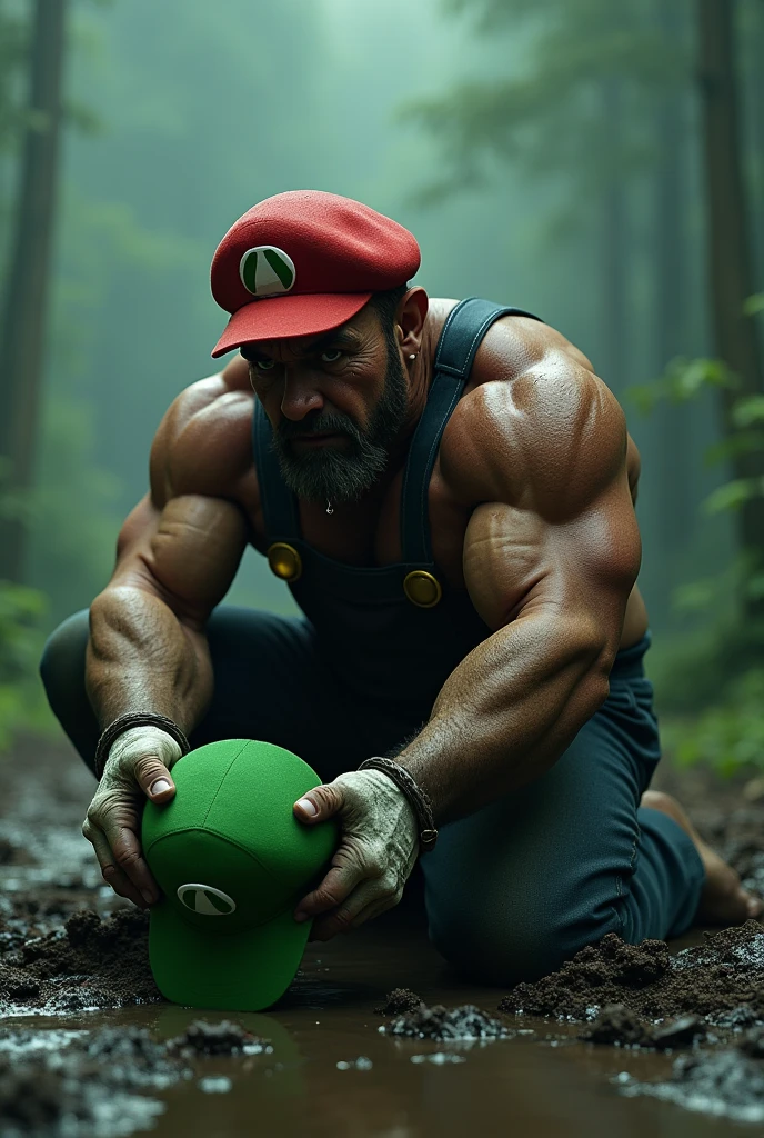Mario Bros, hyper realistic, Live Actions, defeated, sad, crying, holding in hands Luigi's green cap Destroyed, pain, on my knees suffering, muscled mario, fondo de Reino Champiñon oscuro y sad.