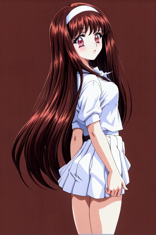 :Yuki Mizuho, One person, One personで, Yuki Mizuho, One person, One personで, White tennis uniform, White polo shirt, Raglan sleeves, Pleated skirt, White Skirt,hair band, To the audience:. Long Hair,  Red eyes, Brown Hair, blush, Lips parted, liar, The wind blows up my skirt, From the back, The buttocks are in full view, Stick your ass out, masterpiece, Highest quality, 4K, 8k, 1990s (style), retro artstyle, Tennis court, masterpiece, expensive quality, very_expensive_solve, big_file size, Full Color,