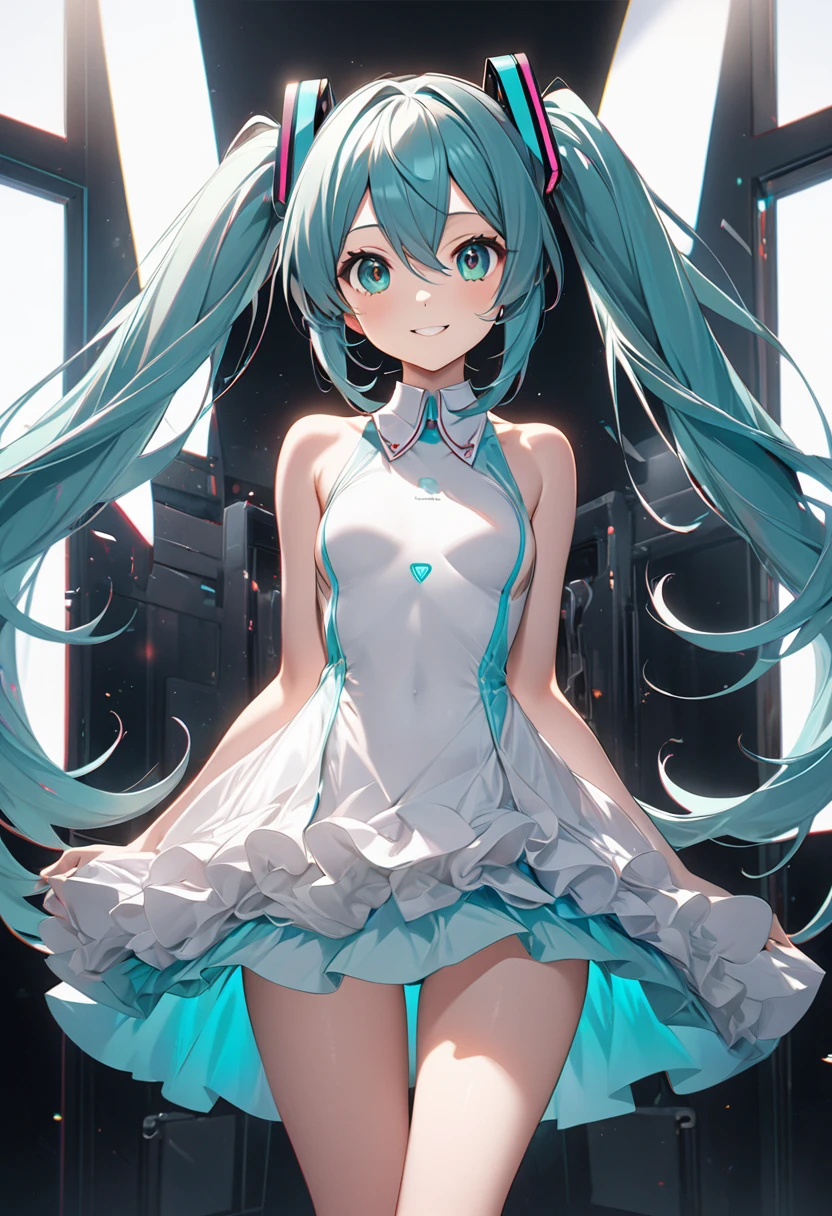 hatsune miku,Twin tails、No sleeve (small breast:1.2), BREAK looking at viewer, BREAK outside, BREAK (masterpiece:1.2), best quality, high resolution, unity 8k wallpaper, (illustration:0.8), (beautiful detailed eyes:1.6), extremely detailed face, perfect lighting, extremely detailed CG, (perfect hands, perfect anatomy),smile、whole body