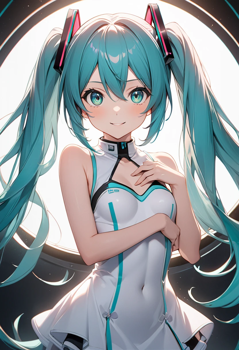 hatsune miku,Twin tails、No sleeve  (small breast:1.2), BREAK looking at viewer, BREAK outside, BREAK (masterpiece:1.2), best quality, high resolution, unity 8k wallpaper, (illustration:0.8), (beautiful detailed eyes:1.6), extremely detailed face, perfect lighting, extremely detailed CG, (perfect hands, perfect ???????),smile、whole body