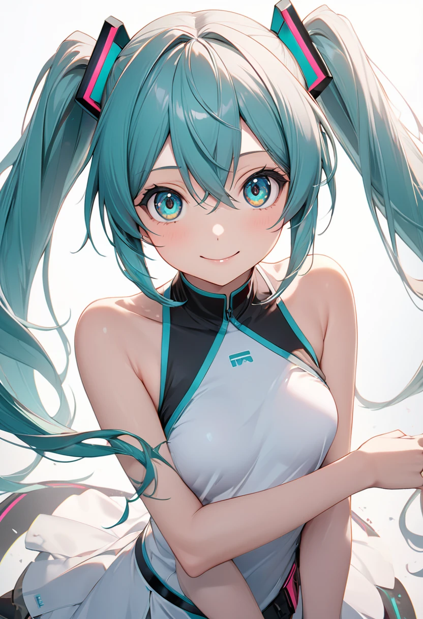 hatsune miku,Twin tails、No sleeve  (small breast:1.2), BREAK looking at viewer, BREAK outside, BREAK (masterpiece:1.2), best quality, high resolution, unity 8k wallpaper, (illustration:0.8), (beautiful detailed eyes:1.6), extremely detailed face, perfect lighting, extremely detailed CG, (perfect hands, perfect anatomy),smile、whole body