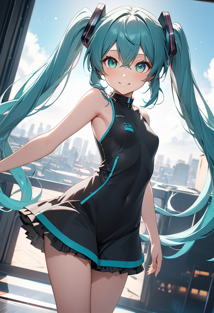 hatsune miku,Twin tails、No sleeve (small breast:1.2), BREAK looking at viewer, BREAK outside, BREAK (masterpiece:1.2), best quality, high resolution, unity 8k wallpaper, (illustration:0.8), (beautiful detailed eyes:1.6), extremely detailed face, perfect lighting, extremely detailed CG, (perfect hands, perfect anatomy),smile、whole body