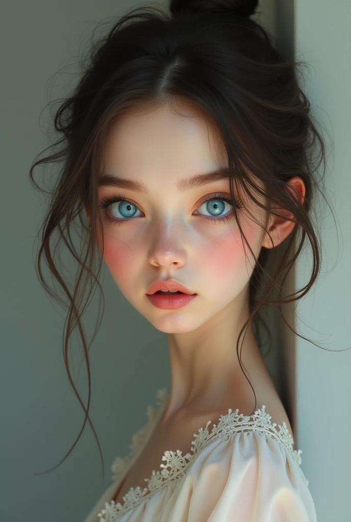 Short woman ,with blue eyes